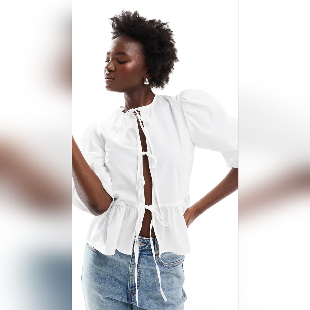 ASOS DESIGN White Tie Front Puff Sleeve Peplum Blouse